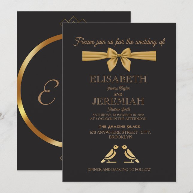 Invitation élégant Classic luxueux mariage d'or noir (Devant / Derrière)