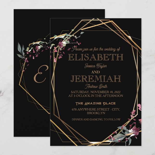 Invitation élégant Classic luxueux mariage noir (Devant / Derrière)