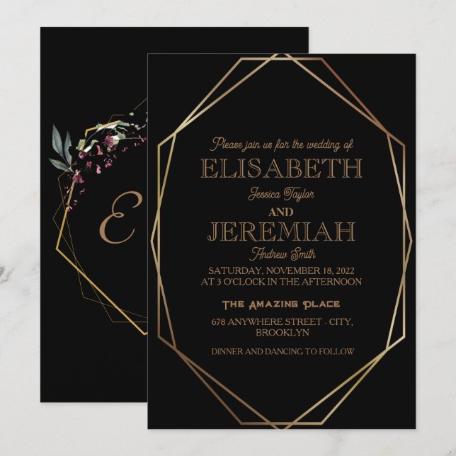 Invitation élégant Classic luxueux mariage noir (Devant / Derrière)