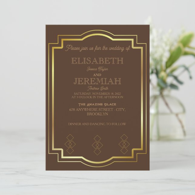 Invitation élégant Classic luxueux mariage or brun (Debout devant)