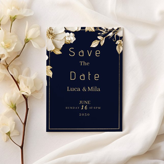 Invitation Elegant classic navy blue gold flora Save the Date (Elegant classic navy blue gold flora Save the Date )