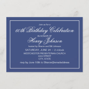 Invitation Élégant Classique Bleu Nuit et Blanc 60 ans