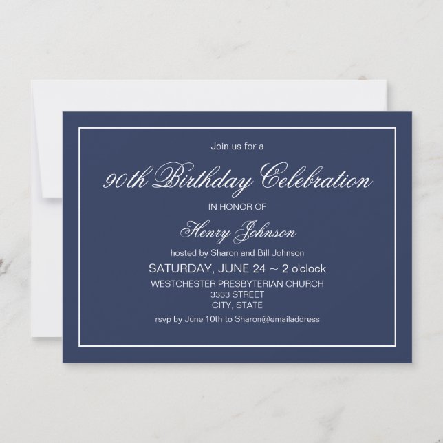 Invitation Elégant classique Marine bleu et blanc 90e anniver (Devant)