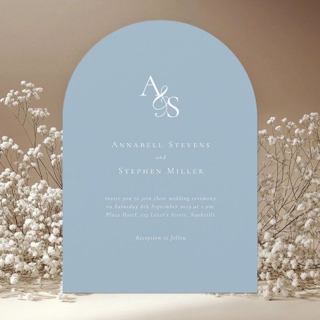 Invitation Élégant, Classique, Monogramme, Bleu Poudre, Maria (Elegant, Classic, Monogram, Powder-Blue, Wedding Invitation)