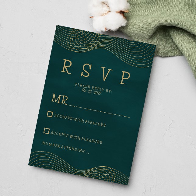 Invitation Elégant classique vert foncé or géométrique RSVP (Elegant classic dark green gold geometric RSVP)