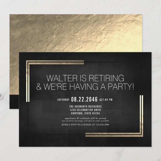 Invitation Élégant Classy Black/Gold Retraite Party (Devant / Derrière)
