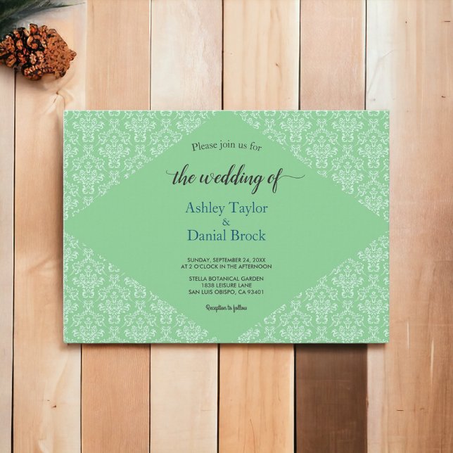 Invitation Élégant Classy Green Damask Script Mariage officie (Créateur téléchargé)