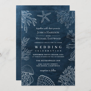 Invitation Elégant Classy Navy Coral Beach Mariage