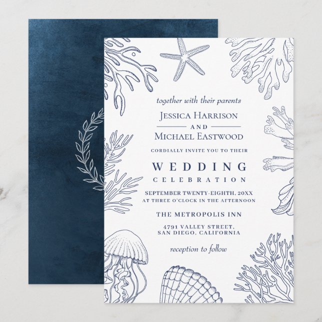 Invitation Elégant Classy Navy White Coral Beach Mariage (Devant / Derrière)