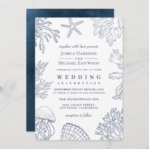 Invitation Elégant Classy Navy White Coral Beach Mariage
