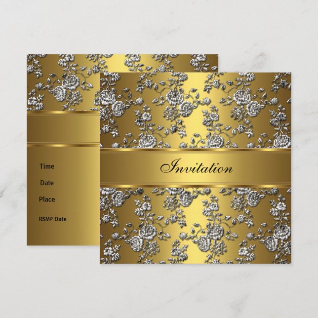 Invitation Elegant Classy Or Embossé Floral (Devant / Derrière)