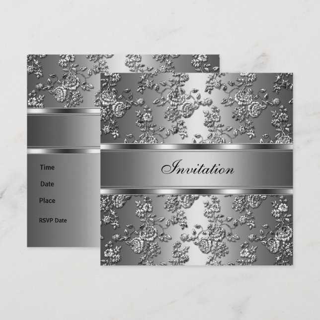 Invitation Elegant Classy Silver Embossed Floral (Front/Back)