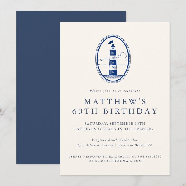 Invitation Elegant Coastal Lighthouse Adult Birthday Party  (Devant / Derrière)