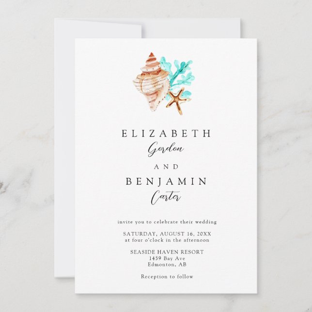 Invitation Elegant Coastal Seashell Watercolor Beach Wedding (Devant)