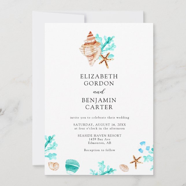 Invitation Elegant Coastal Seashell Watercolor Beach Wedding (Devant)
