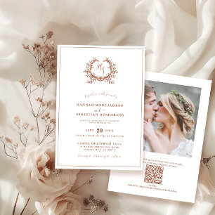 Invitation Élégant Code QR de Blason de Monogramme en Terraco