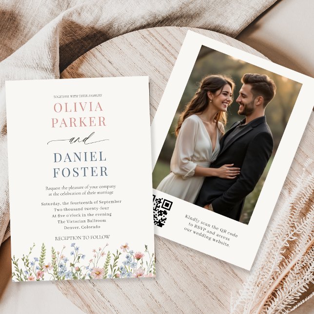 Invitation Élégant Code QR de Fleur Sauvage pour Mariage en P (Créateur téléchargé)
