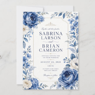 Invitation Élégant Code QR de Jardin Floral Bleu Royal RSVP M