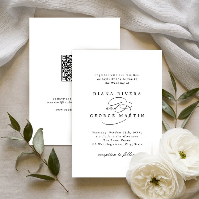 Invitation Élégant code QR de mariage à script en spirale (Elegant Swirl Script Simple QR code Wedding Invitation)