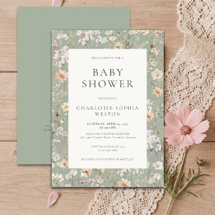 Invitation Élégant Code QR Fleur des Champs Vert Sauge Baby S