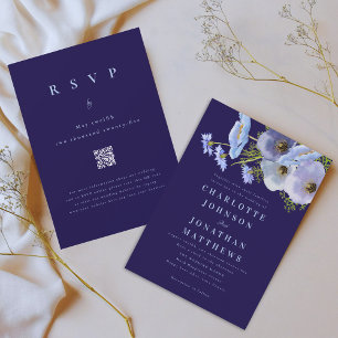 Invitation Élégant Code QR Floral Aquarelle Bleu Marine Maria
