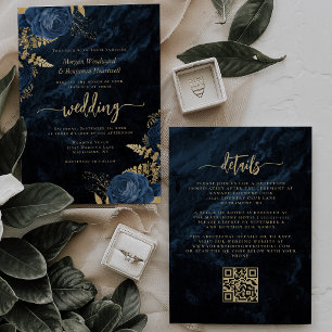 Invitation Élégant Code QR Floral Bleu Marine Or Mariage