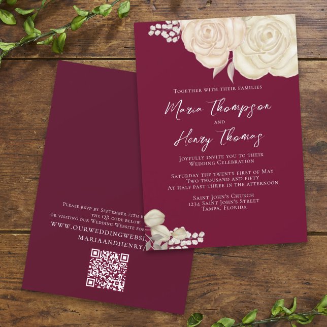 Invitation Elégant code QR floral ivoire d'aquarelle Bourgogn (Créateur téléchargé)