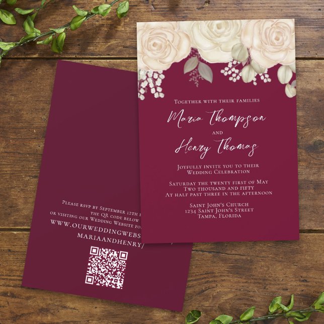 Invitation Elégant code QR floral ivoire d'aquarelle Bourgogn (Créateur téléchargé)