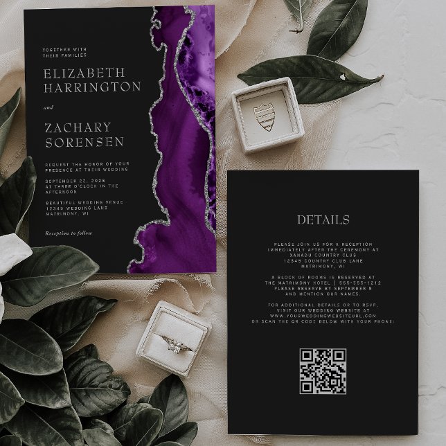 Invitation Élégant Code QR Mariage Argent Agate Violet Foncé (Créateur téléchargé)