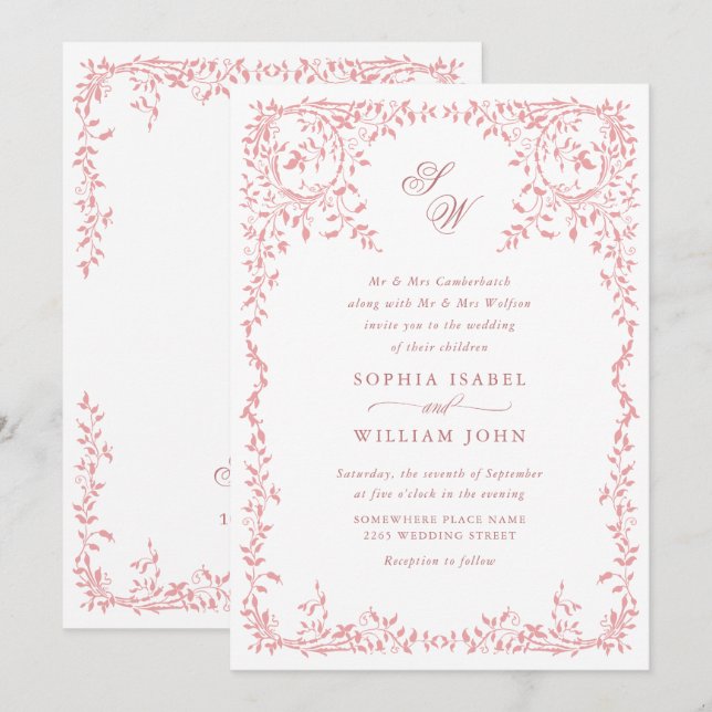 Invitation Élégant code QR Mariage de cadre Floral Ornate fra (Devant / Derrière)