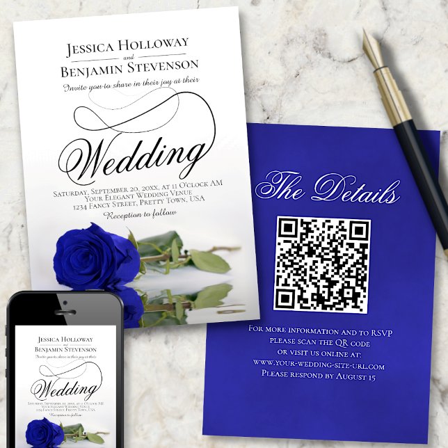 Invitation Élégant Code QR Mariage Rose Bleu Royal Fantaisie (Créateur téléchargé)