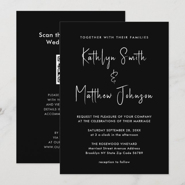 Invitation Élégant code QR noir tout en un Mariage moderne (Devant / Derrière)