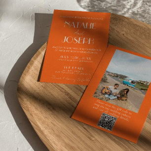 Invitation Élégant Code QR Photo de Mariage Orange Gras Style