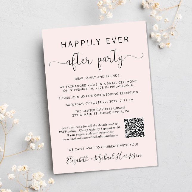 Invitation Elégant Code QR Photo Réception de mariage rose (Input your website address to create a QR code)