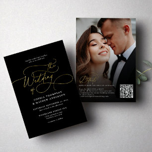 Invitation Élégant Code QR RSVP Photo Mariage Or Noir