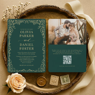 Invitation Élégant Code QR Vert Émeraude Photo Mariage