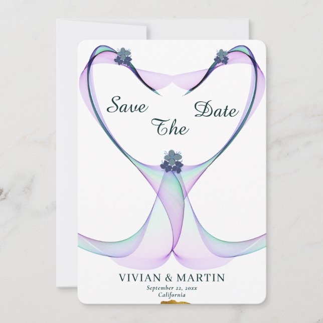 Invitation Elégant Coeur Doré Et Violet Économisez La Date (Devant)