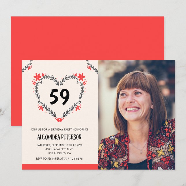 Invitation Elégant Coeur Floral Rouge pour son 59e anniversai (Devant / Derrière)