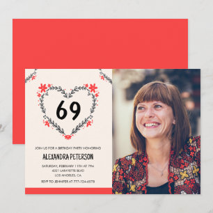 Invitation Elégant coeur floral rouge pour son 69e anniversai