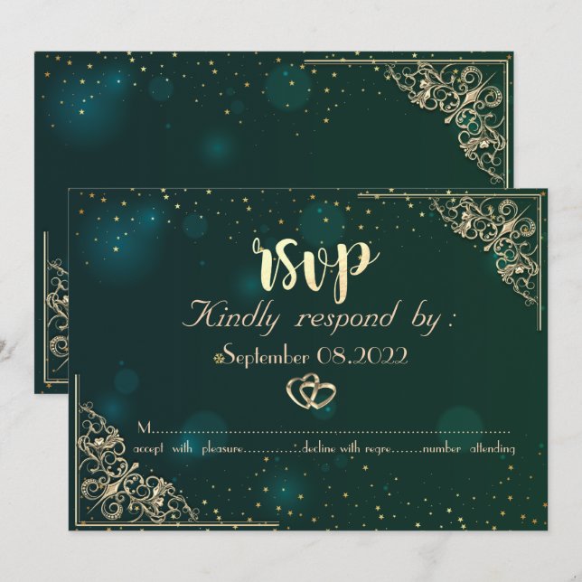 Invitation Elégant Coeurs d'or Cadre Mariage vert RSVP (Devant / Derrière)