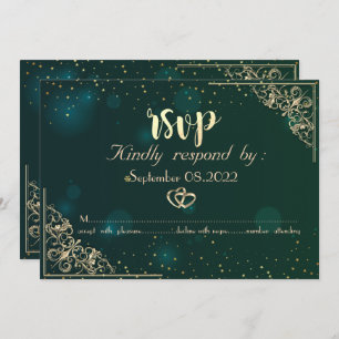 Invitation Elégant Coeurs d'or Cadre Mariage vert RSVP