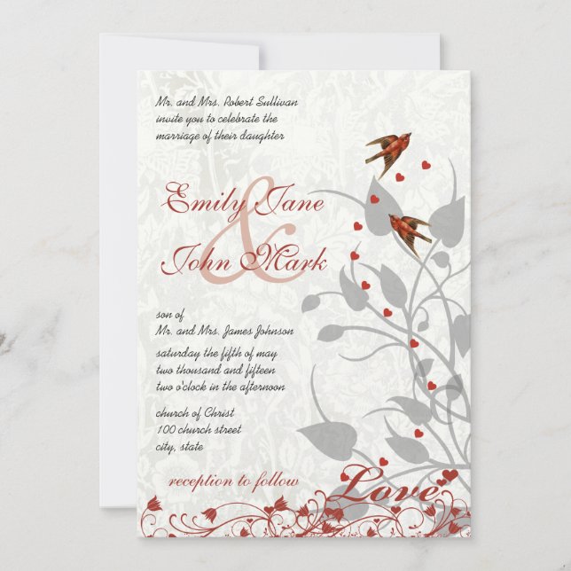 Invitation Elégant Coeurs rouge et gris Mariage Lovebird (Devant)