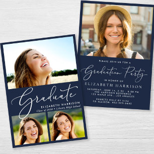 Invitation Elégant Collage Photo Blue Graduation Party