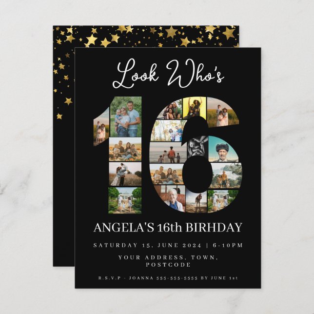 Invitation élégant collage photo noir pour 16 ans (Devant / Derrière)