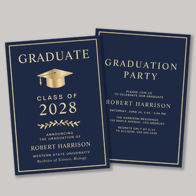 Invitation Elegant College Blue Gold Party (An elegant college graduation party invitation to celebrate the graduate's achievements)