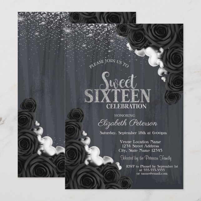Invitation Elégant Confetti Argent Noir Roses doux 16 (Devant / Derrière)