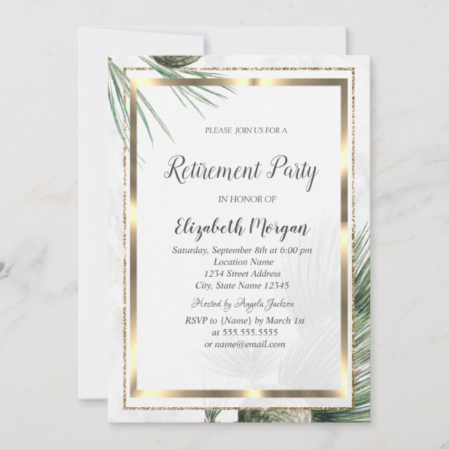 Invitation Élégant Confetti Cadre Pine Tree Retraite (Devant)
