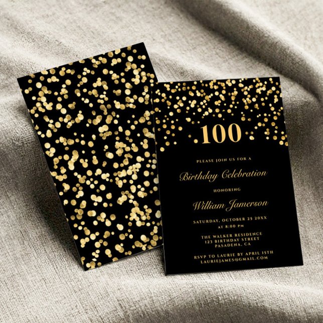 Invitation Elégant Confetti Noir Et Or 100h Anniversaire (Créateur téléchargé)