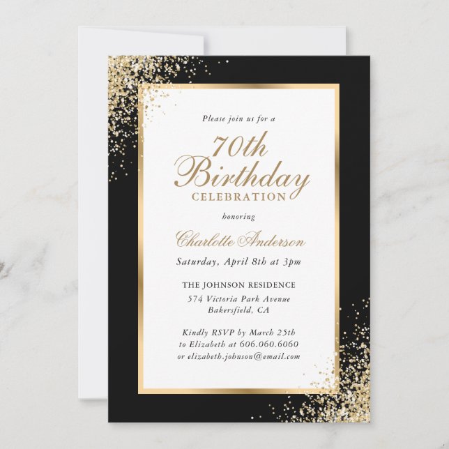 Invitation Elégant Confetti noir et or 70e anniversaire (Devant)