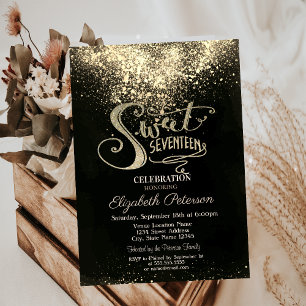 Invitation Elégant Confetti Or, Black Sweet 17